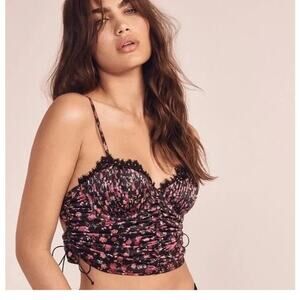 For Love & Lemons Melrose Floral Print Bustier Crop Tank Black/Pink Womens Small